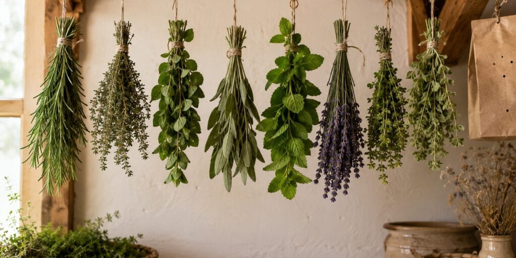 How to dry herbs by air drying, with fresh herb bundles hanging upside down from a wooden rack in a cozy homestead kitchen.