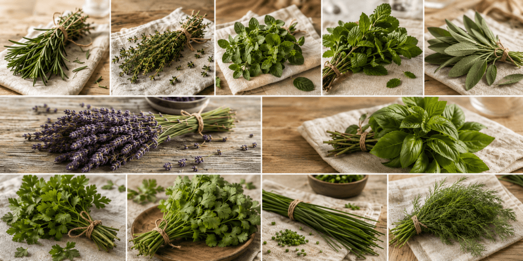 How to dry herbs collage showing rosemary, thyme, oregano, mint, sage, lavender, basil, parsley, cilantro, chives, and dill arranged for drying on a rustic wooden surface.