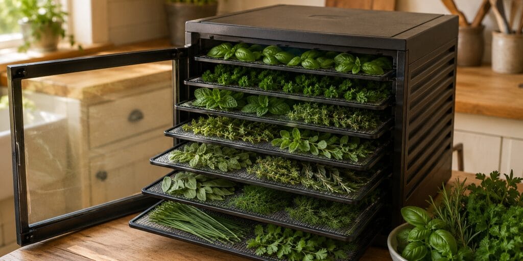 How to dry herbs in a dehydrator, with fresh herbs arranged on dehydrator trays in a warm homestead kitchen.