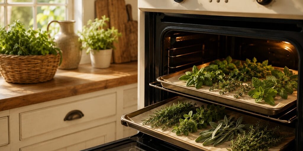 How to dry herbs in the oven, showing fresh herbs on baking sheets inside a warm kitchen oven for beginner herb preservation.