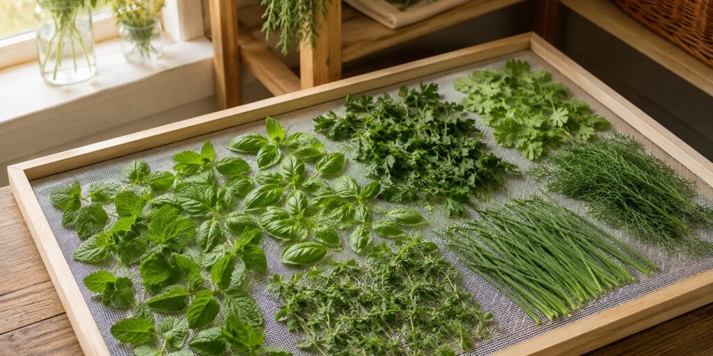 How to dry herbs on a screen or tray, showing fresh basil, mint, parsley, chives, dill, and thyme spread in a single layer for drying.