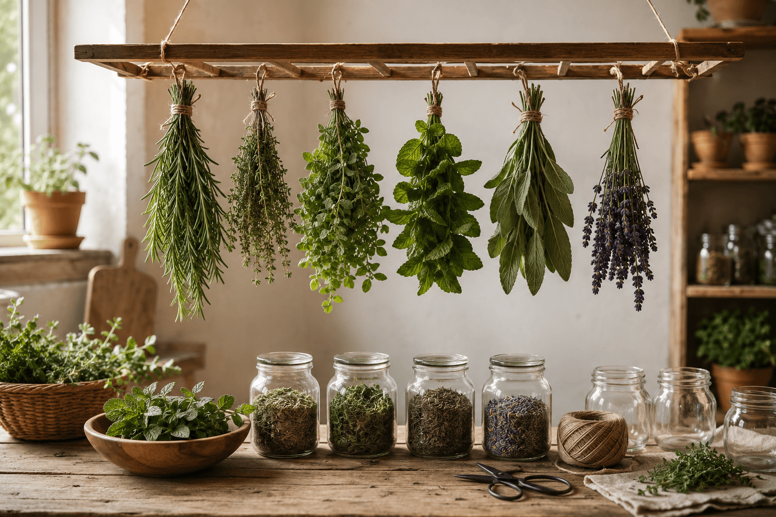 How to dry herbs at home with rosemary, thyme, oregano, mint, and lavender hanging in bundles and stored in glass jars.