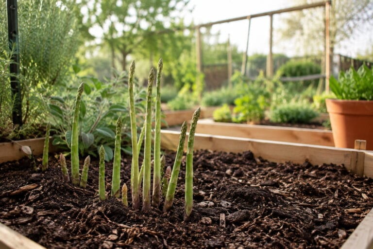 Fresh asparagus spears growing in a mulched backyard garden bed in spring.