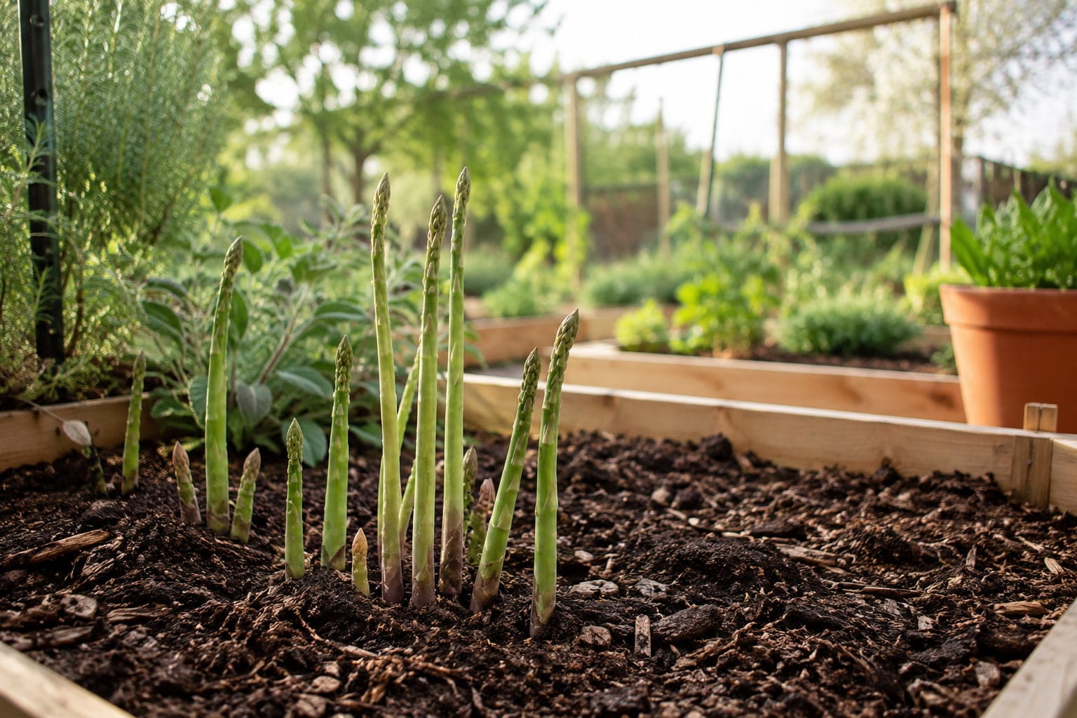 Fresh asparagus spears growing in a mulched backyard garden bed in spring.