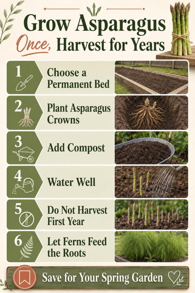 Pinterest infographic explaining how to grow asparagus once and harvest for years.