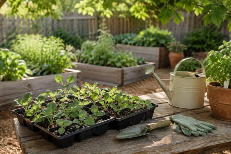 Seedling trays being hardened off outside in light shade near a raised bed garden.