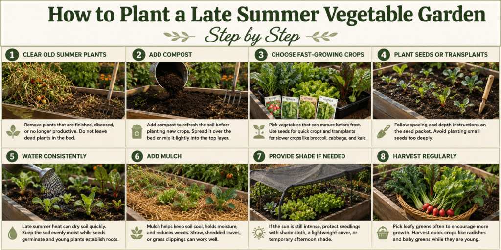 How to plant a late summer vegetable garden step by step, showing clearing old plants, adding compost, choosing fast-growing crops, planting, watering, mulching, shading seedlings, and harvesting fresh vegetables.