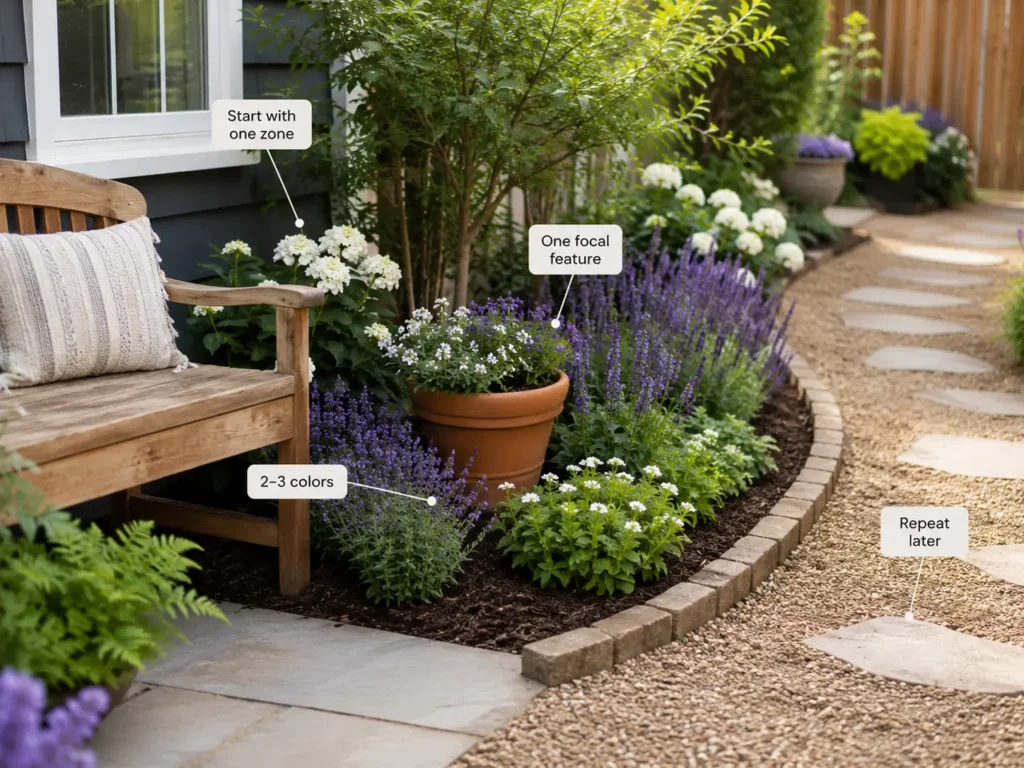 Realistic small garden zone beside a wooden bench, featuring a limited purple-and-white plant palette, one terracotta focal pot, simple stone edging, and repeated materials along a gravel path.