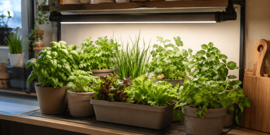 Indoor grow light herb garden ideas showing basil, parsley, cilantro, chives, mint, and lettuce-style greens growing under a simple grow light on a kitchen shelf.