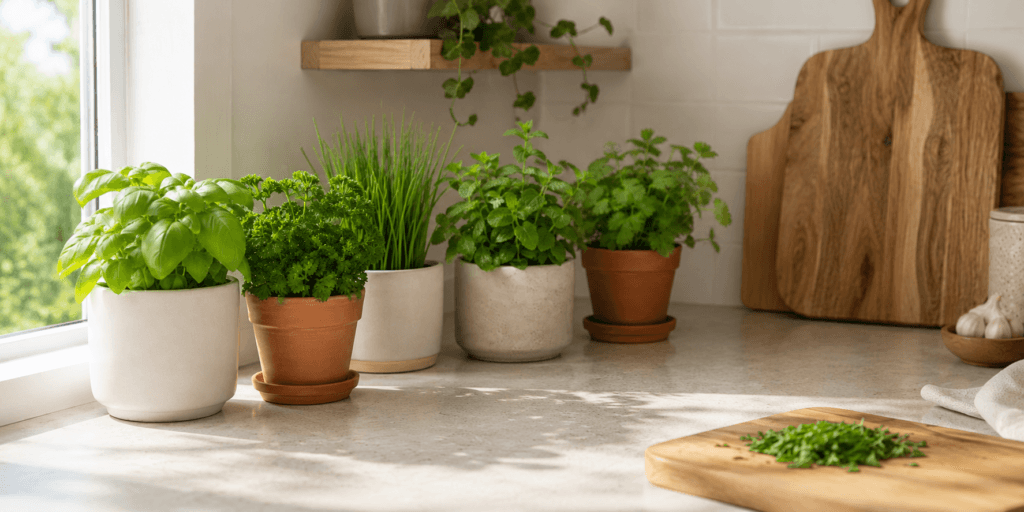 Kitchen counter herb garden ideas showing basil, parsley, chives, mint, and cilantro growing in small terracotta and ceramic pots near a bright kitchen window.