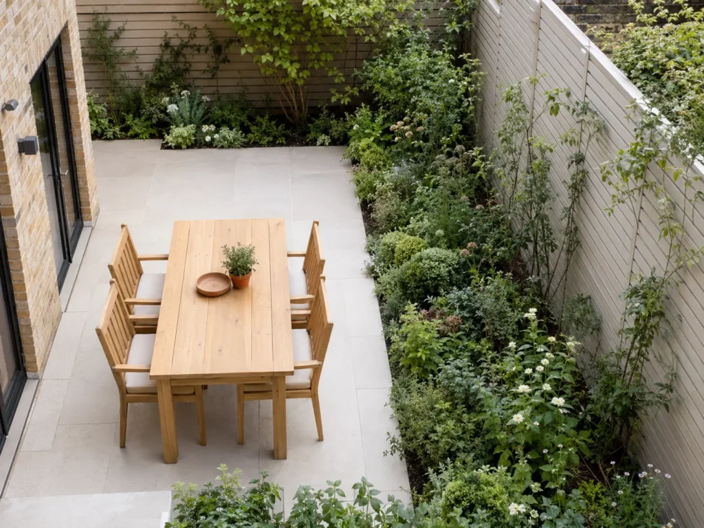 Small garden featuring one useful dining patio and a deep continuous planting border.
