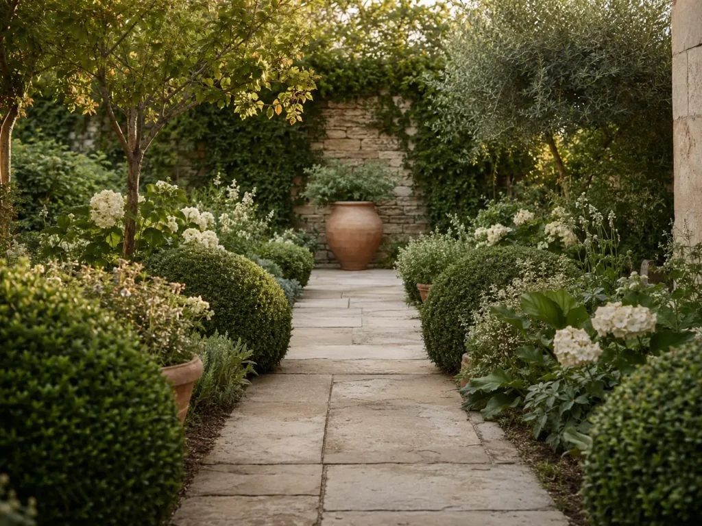 Cohesive small garden with repeated rounded shrubs, cream flowers, stone paving, and one focal container.