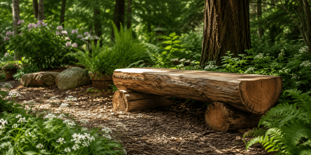 Log bench garden ideas showing a rustic wooden log bench in a peaceful woodland garden surrounded by ferns, shade plants, mulch paths, and soft natural greenery.