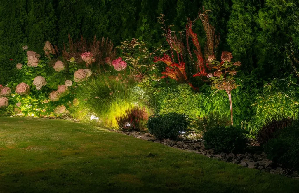 Lush curved perennial garden border with hydrangeas, ornamental grasses, flowering shrubs, layered foliage, and an open lawn in warm sunlight.