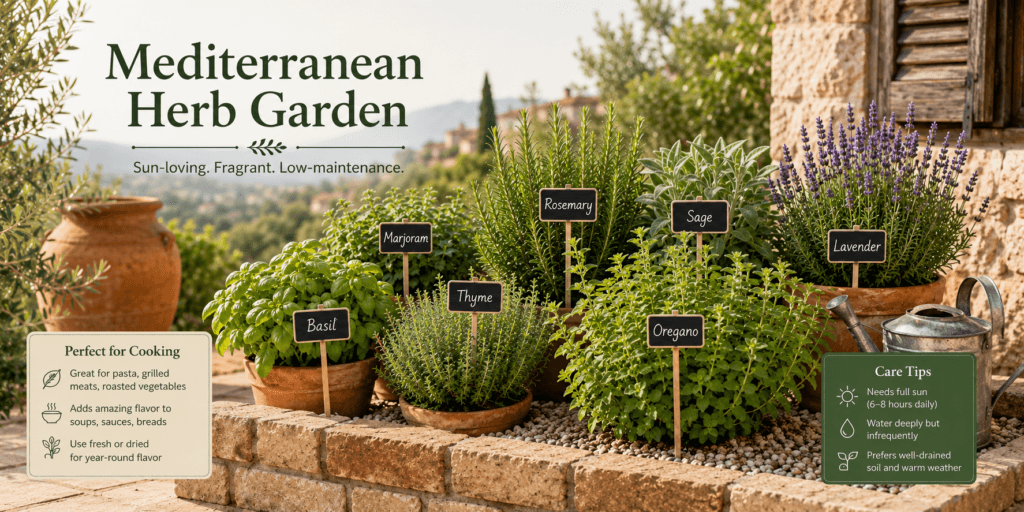 Mediterranean herb garden ideas showing rosemary, thyme, oregano, sage, lavender, basil, and marjoram growing in terracotta pots and a sunny gravel garden with warm Mediterranean style.