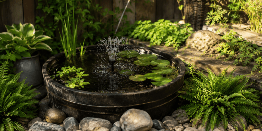 Mini pond fountain with aquatic plants, lily pads, bubbling water, stones, and ferns in a small garden corner.