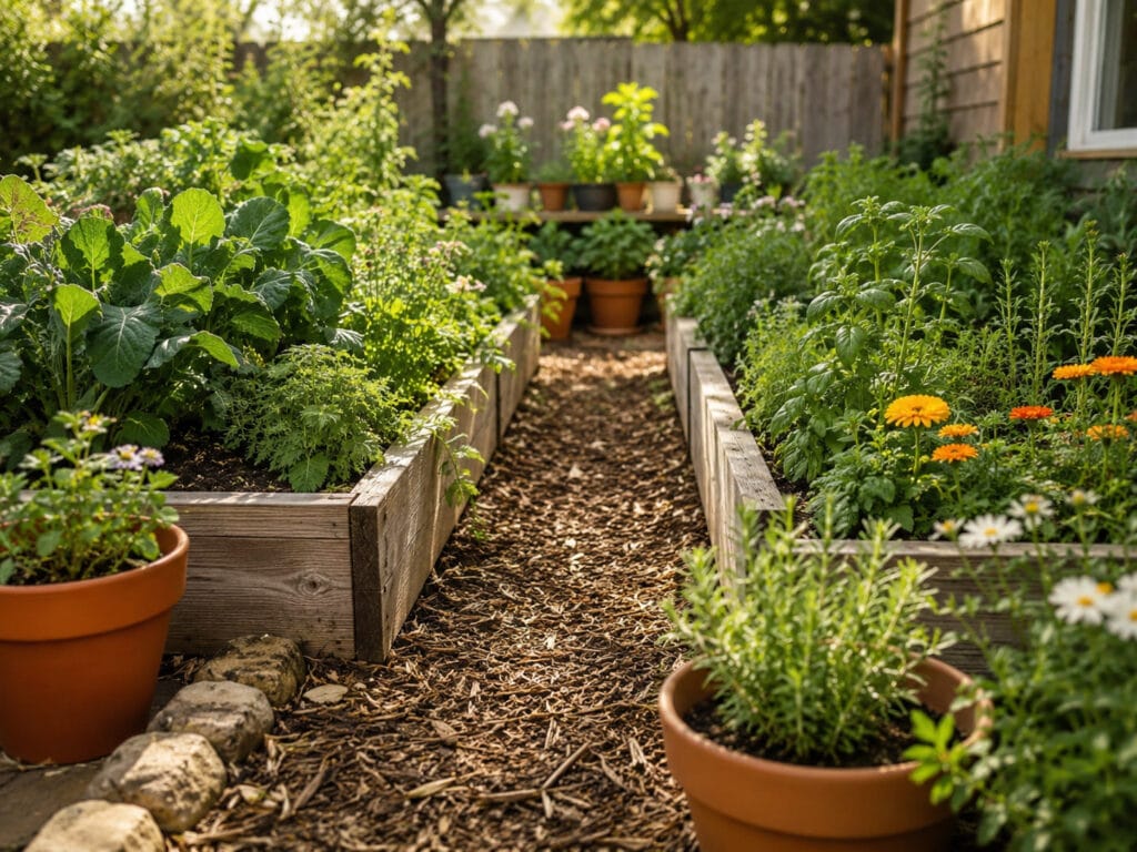 Simple mulch garden pathway between raised beds in a budget-friendly backyard garden.