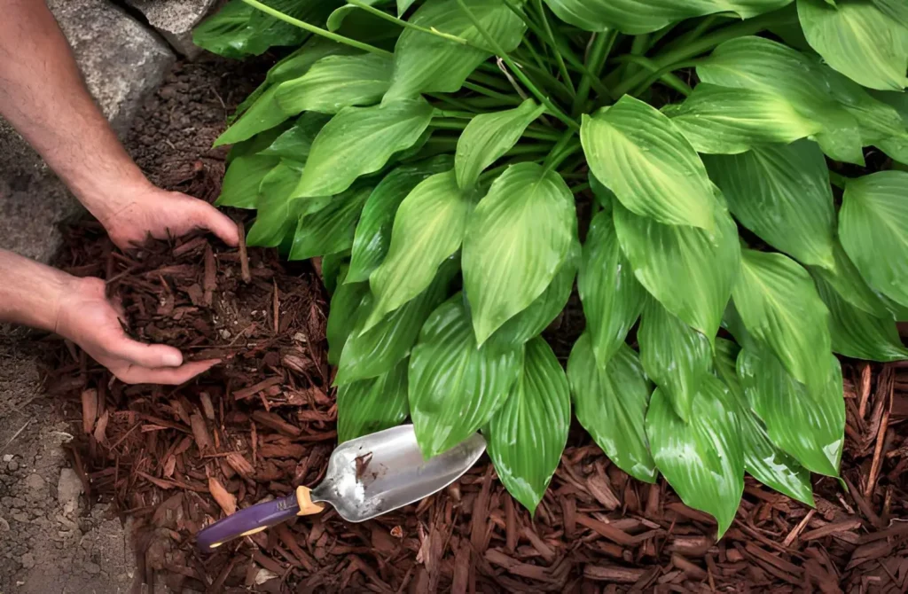 Gardener spreading brown wood-chip mulch around a healthy green hosta plant beside a small hand trowel.