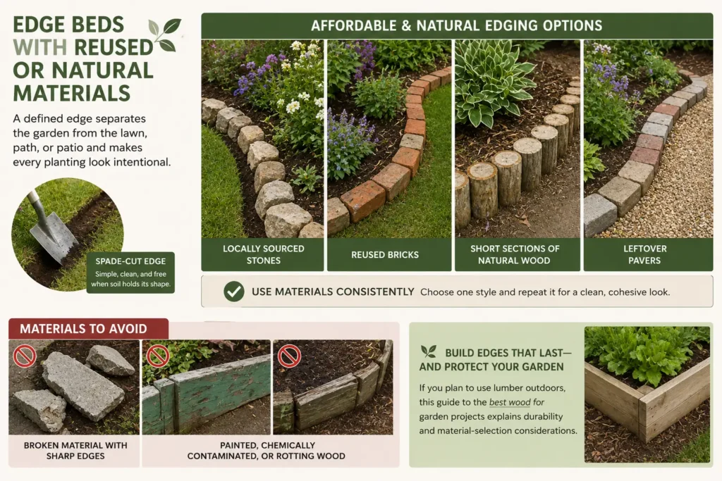 Garden edging guide showing affordable options including a spade-cut edge, natural stones, reused bricks, short wood sections, andAlt text:** Garden edging guide showing affordable options including a spade leftover pavers, with warnings against sharp broken materials and painted, contaminated, or rotting wood.