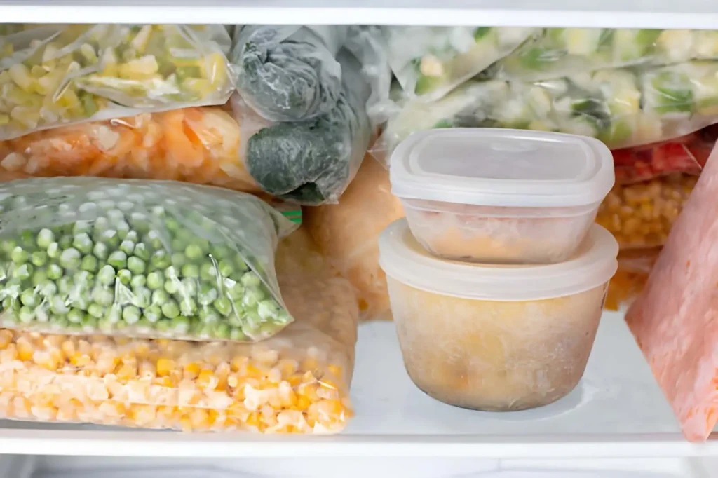 Organized freezer filled with bags of frozen vegetables, corn, fruit, and stacked reusable containers of prepared food.