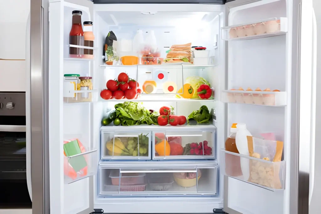 Open refrigerator neatly organized with fresh vegetables, fruit, eggs, milk, condiments, prepared sandwiches, and covered leftover food containers.