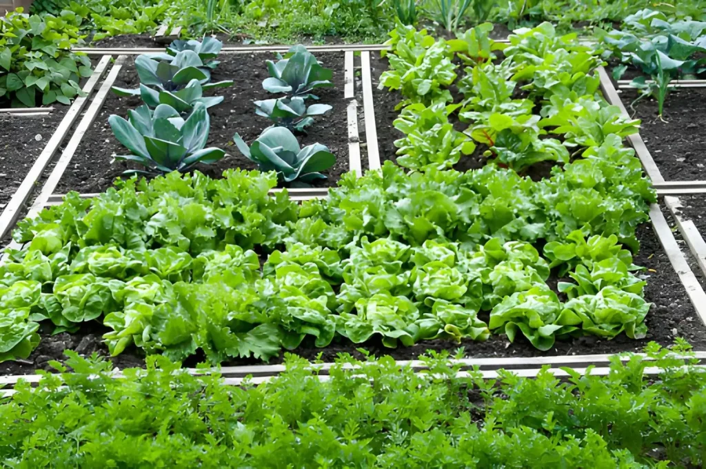 Organized vegetable garden beds filled with healthy lettuce, cabbage, leafy greens, and other crops separated by narrow wooden dividers.