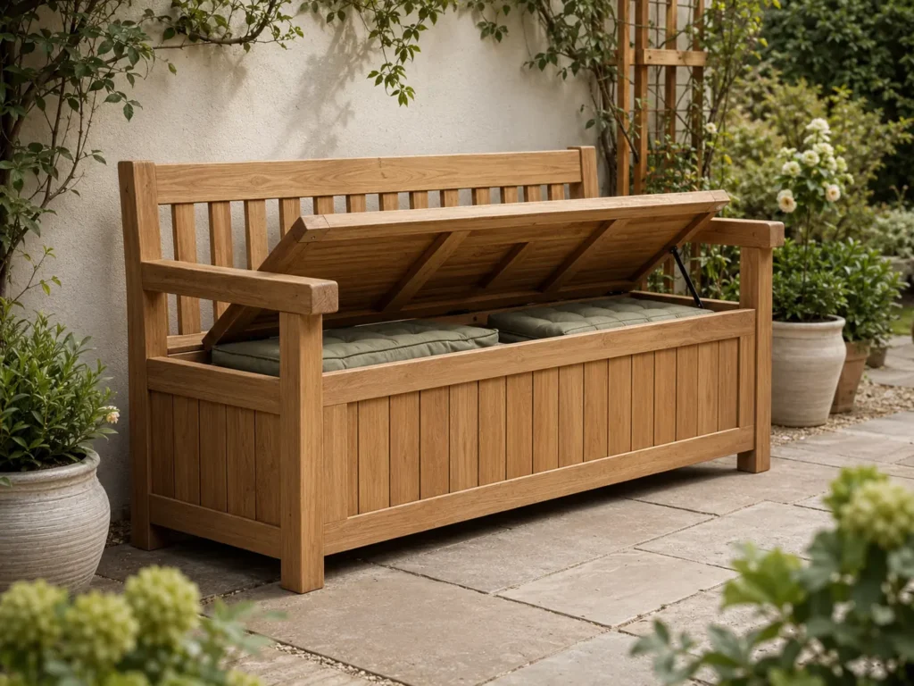 Sturdy wooden garden bench with concealed storage for outdoor seat cushions.