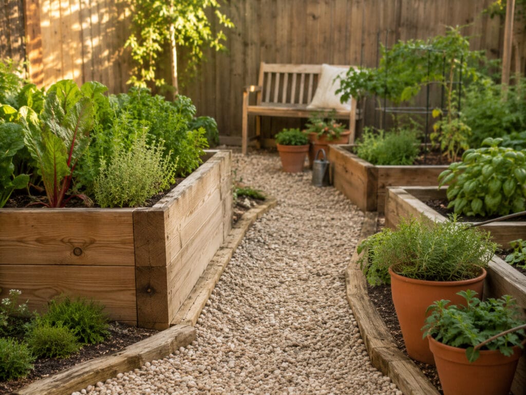 Pea gravel garden pathway with simple edging in a small backyard garden.