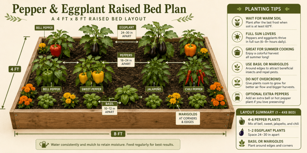 Pepper and eggplant raised bed layout infographic showing a 4x8 summer raised bed with bell peppers, sweet peppers, jalapeño peppers, chili peppers, eggplants, basil, marigolds, plant spacing, full sun tips, and warm-season planting guidance.