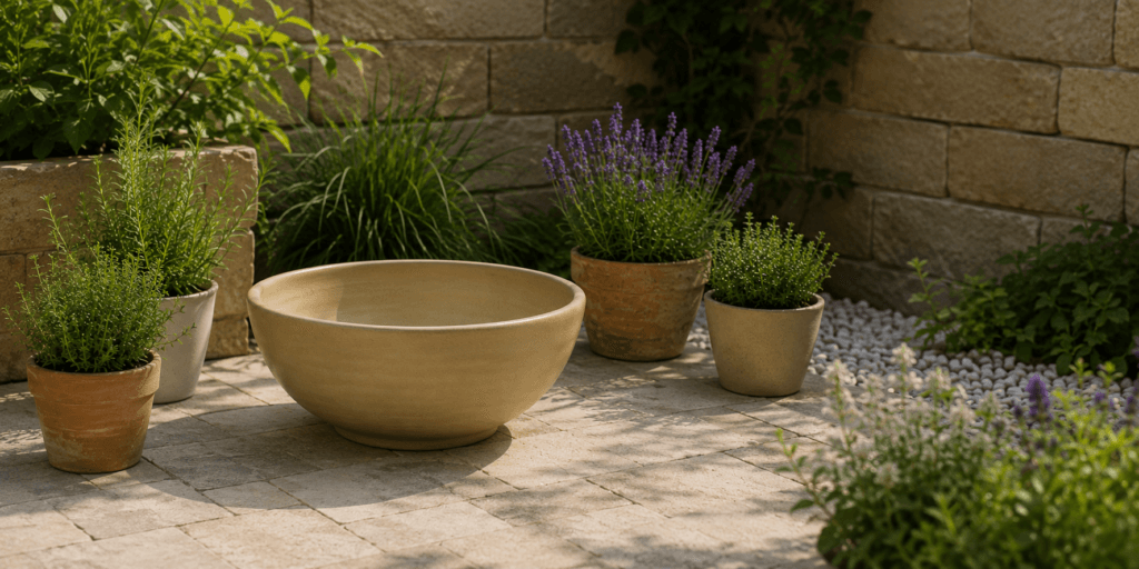 Placing an empty ceramic fountain container in a sunny garden corner before adding water, stones, and a pump.