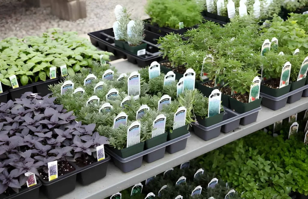 Trays of healthy herb and vegetable seedlings prepared for sale, showing a small-scale homesteading business that can be started without owning a large farm.