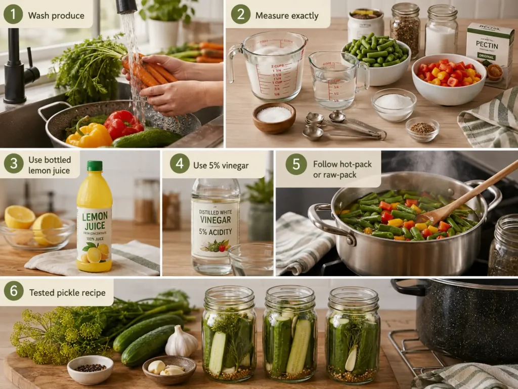 Realistic step-by-step canning infographic showing produce washing, accurate ingredient measuring, bottled lemon juice, 5% acidity vinegar, hot-pack preparation, and jars filled using a tested pickle recipe.