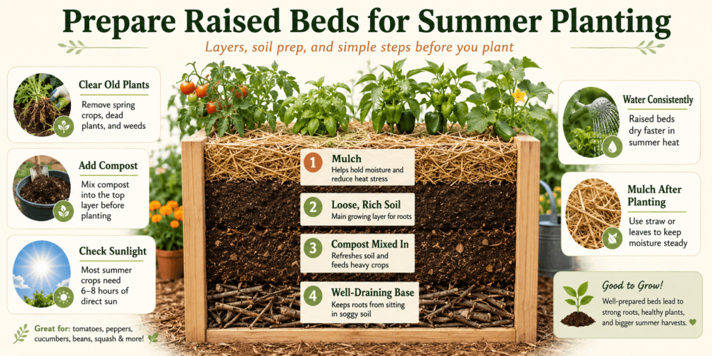 Prepare raised beds for summer planting infographic showing layered raised bed soil with compost, loose rich soil, mulch, drainage base, sunlight tips, watering guidance, and warm-season vegetables like tomatoes, peppers, cucumbers, beans, and squash.