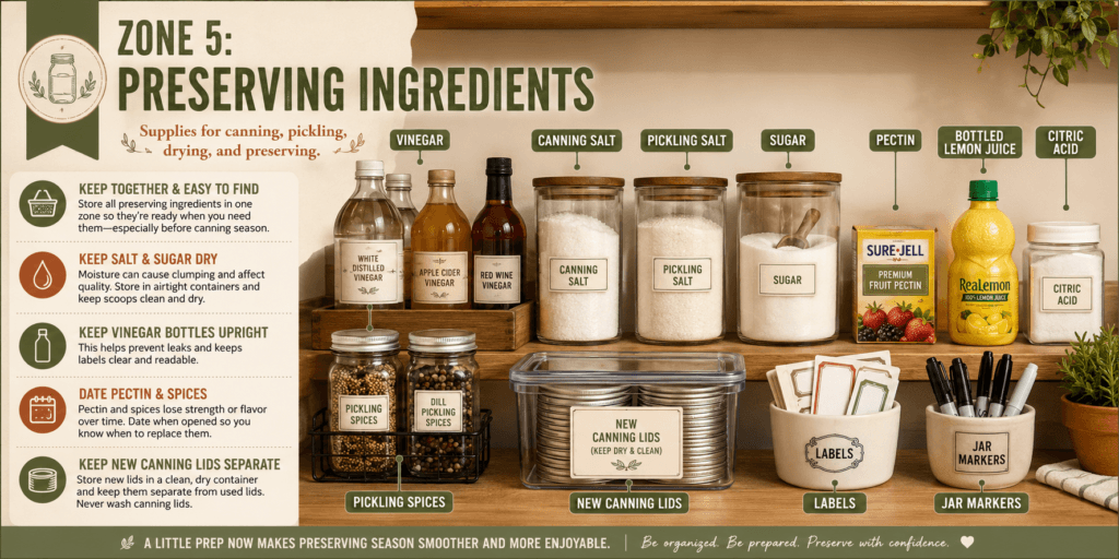 Preserving ingredients pantry zone infographic showing vinegar, canning salt, pickling salt, sugar, pectin, bottled lemon juice, citric acid, pickling spices, new canning lids, labels, jar markers, and storage tips for canning, pickling, drying, and preserving.