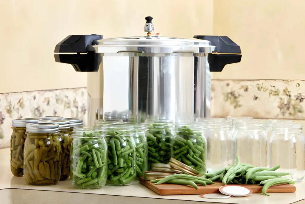 Pressure canner surrounded by fresh green beans, filled canning jars, empty mason jars, lids, and preserved green beans on a kitchen counter.