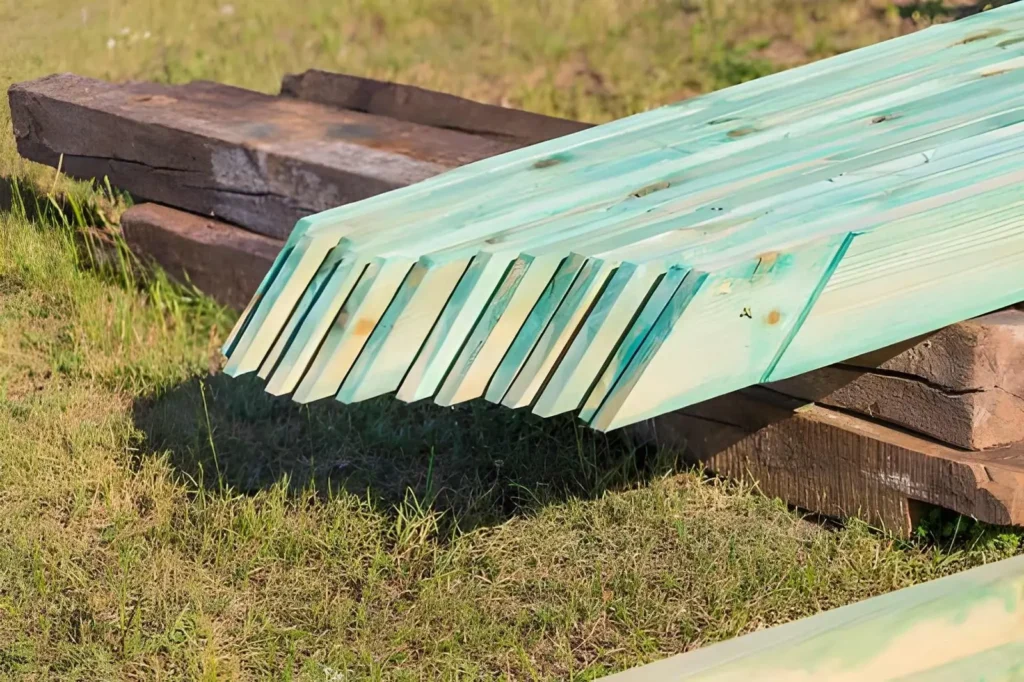 Green pressure-treated lumber boards stacked outdoors, suitable for durable garden structures and other exterior woodworking projects.