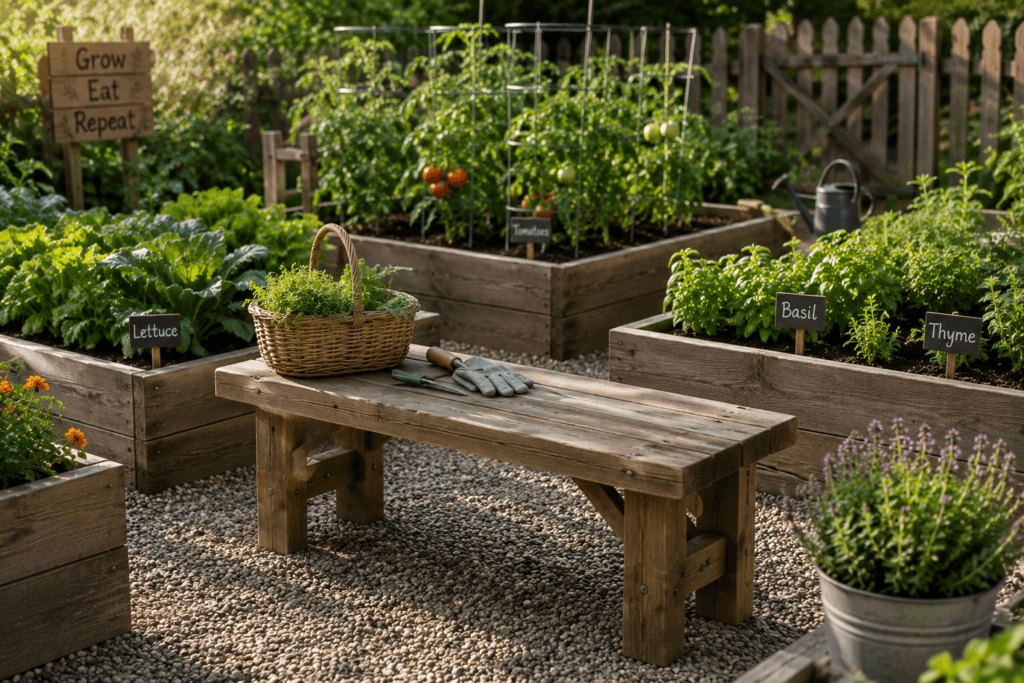 Raised bed garden bench ideas showing a simple wooden bench beside raised vegetable and herb garden beds with lettuce, tomatoes, basil, thyme, garden tools, and a harvest basket on a gravel path.