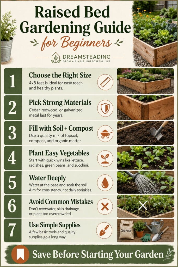 Pinterest infographic showing a beginner raised bed gardening guide with steps for size, materials, soil, planting, watering, and supplies.