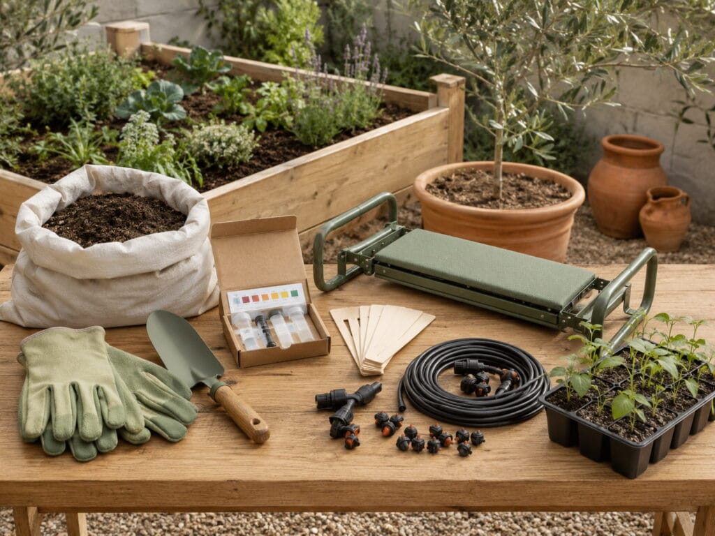 Raised bed gardening supplies including gloves, trowel, compost, soil test kit, plant labels, and drip irrigation.