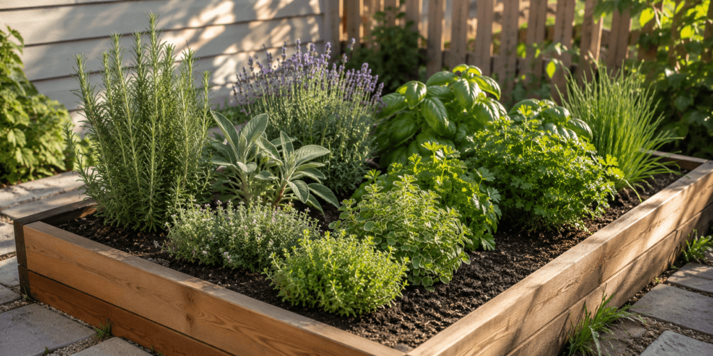 Raised bed herb garden ideas showing rosemary, thyme, oregano, sage, parsley, basil, chives, and lavender growing in a wooden raised garden bed with warm natural sunlight.