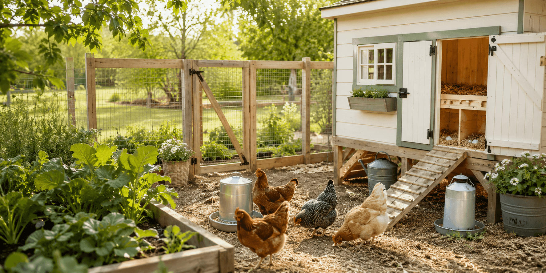 Raising chickens for beginners with a backyard chicken coop, safe fenced run, healthy hens, feeder, waterer, nesting boxes, and garden area.