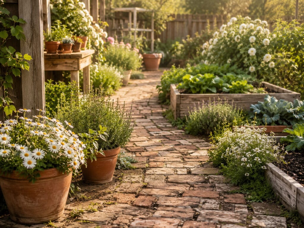 Rustic reclaimed brick garden pathway in a cozy backyard homesteading garden.