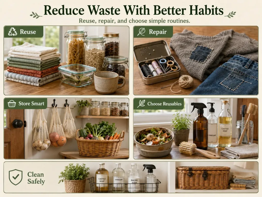 Visual infographic showing practical low-waste homesteading habits, including reusable food containers, repaired clothing, organized produce bags, composting, and safely stored cleaning supplies.