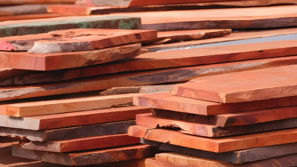 Stacked redwood lumber boards showing rich reddish tones and natural grain, suitable for durable outdoor garden projects.