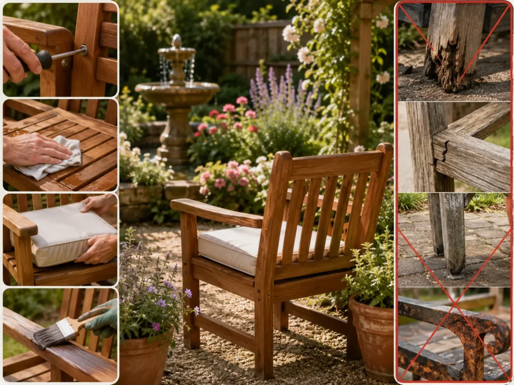 Visual guide to refreshing wooden garden seating by tightening fasteners, cleaning the surface, replacing cushions, and applying an outdoor finish, with warnings against painting over rot, cracks, unstable legs, or severe rust.
