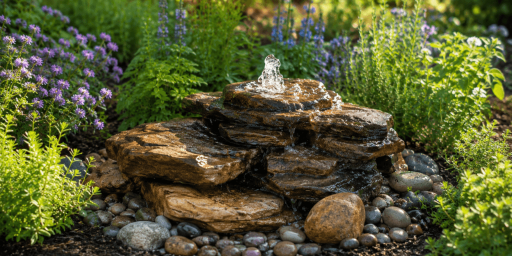 Rock fountain with water bubbling through stacked stones, pebbles, and flowers in a backyard garden.