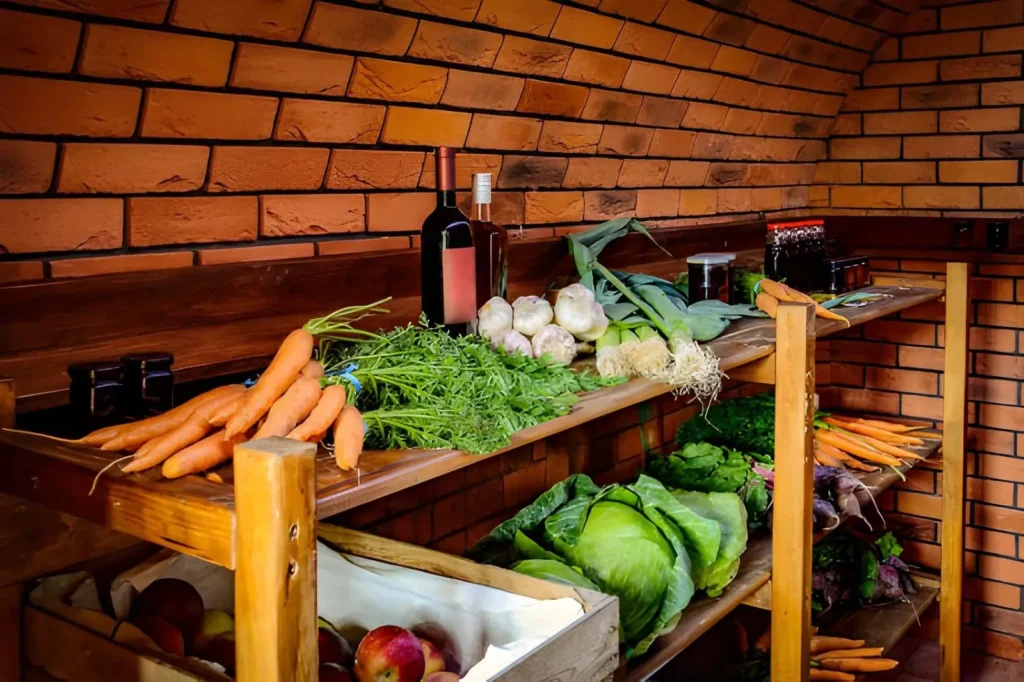 Rustic root cellar with wooden shelves holding fresh carrots, cabbage, beets, leeks, garlic, apples, and jars of homemade preserves.