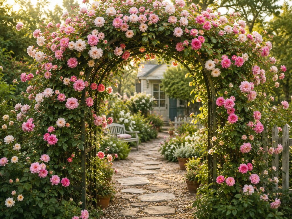 Climbing roses growing over a garden arch at the entrance of a backyard path.