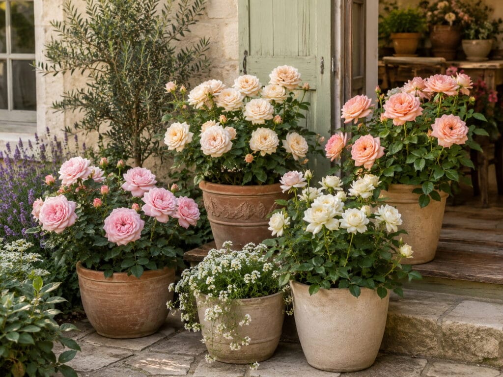 Container rose garden with pink, blush, and cream roses growing in terracotta and neutral patio pots.