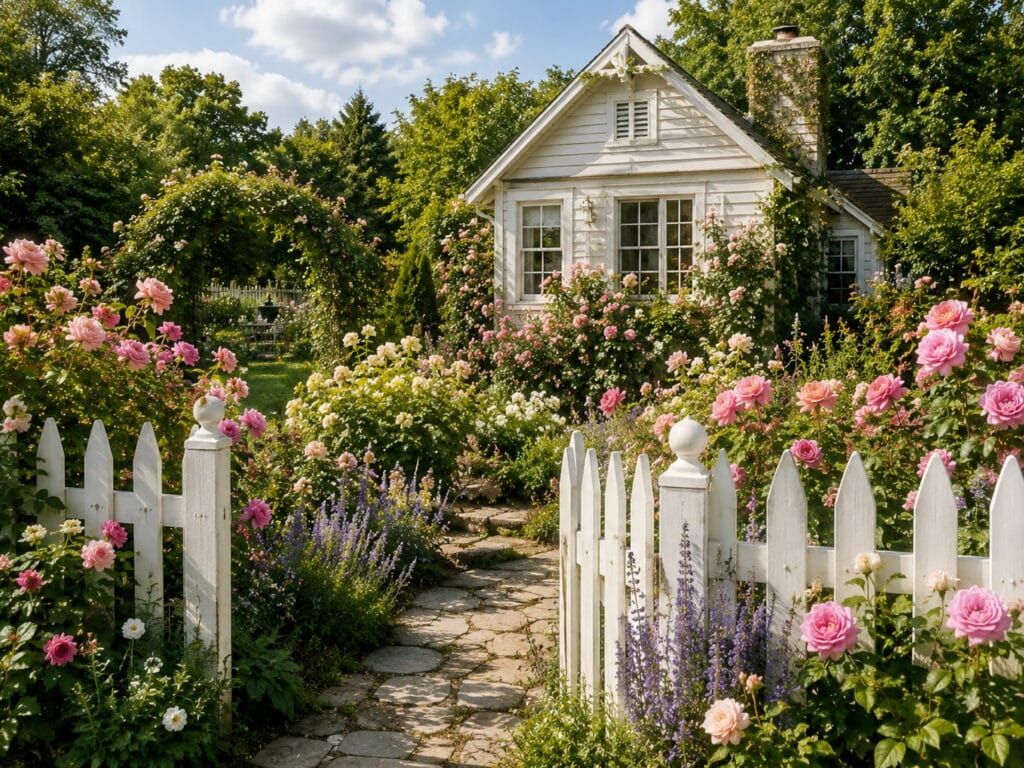 Cottage-style rose garden with pink roses, white fence, soft greenery, and a cozy backyard garden feel.